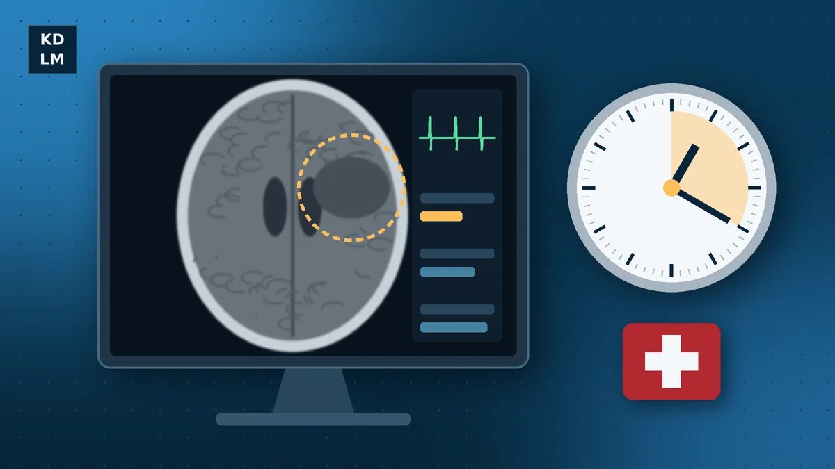 Brain CT scan on an emergency room monitor beside a clock, illustrating a delayed stroke diagnosis